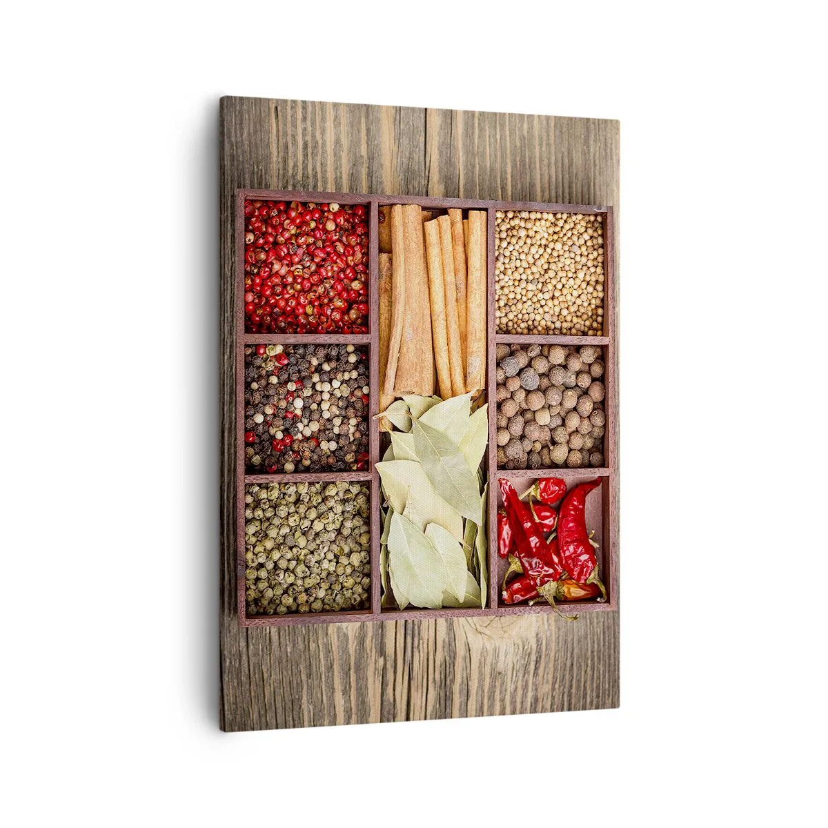 Impression sur toile - Image sur toile - Boîte en bois avec diverses épices dans des compartiments - 50x70cm - Ordre des formes, bouquet d'arômes - Décoration murale moderne pour le salon et la chambre ARTTOR