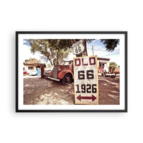 Affiche dans un cadre noir - Poster - Voiture rétro et panneau Route 66 dans un cadre rustique - 70x50cm - La légende de la province américaine - Décoration murale moderne pour le salon et la chambre ARTTOR