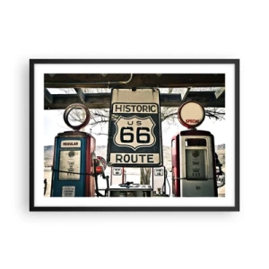 Affiche dans un cadre noir - Poster - Station-service historique de la Route 66 - 70x50cm - Voyage rétro américain - Décoration murale moderne pour le salon et la chambre ARTTOR