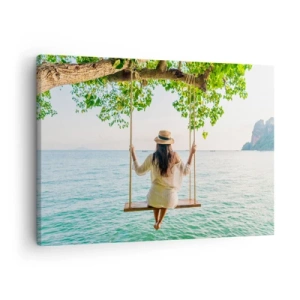 Impression sur toile - Image sur toile - Femme sur une balançoire au bord de la mer dans un paysage tropical - 70x50cm - La vie est belle - Décoration murale moderne pour le salon et la chambre ARTTOR