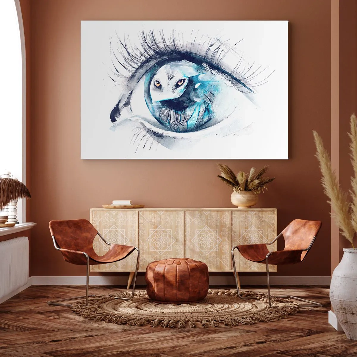 Impression sur toile - Image sur toile - Un œil avec une image d'un hibou dans des tons bleus à l'aquarelle - 70x50cm - Face à face avec la nature sauvage - Décoration murale moderne pour le salon et la chambre ARTTOR