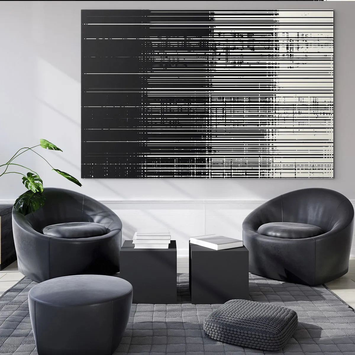 Impression sur verre - Image sur verre - Abstraction en noir et blanc avec des lignes horizontales créant un dégradé - 70x50cm - Ondes et vibrations - Décoration murale moderne pour le salon et la chambre ARTTOR