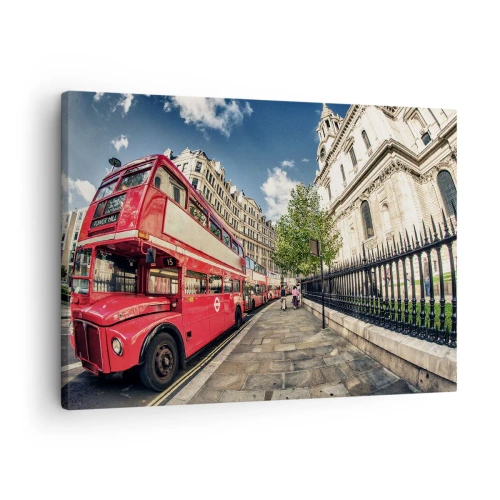 Impression sur toile - Image sur toile - Bus rouge à impériale à Londres près de la rue et de la cathédrale - 70x50cm - Rue de Londres en gris et rouge - Décoration murale moderne pour le salon et la chambre ARTTOR