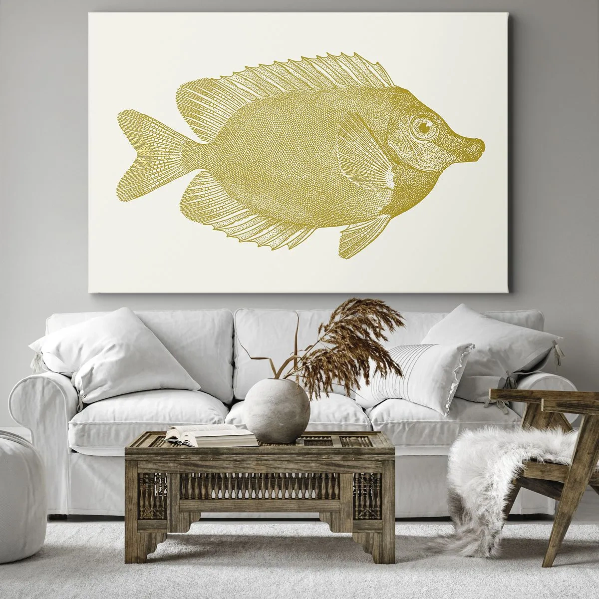 Impression sur toile - Image sur toile - Poisson rouge vintage sur fond clair - 100x70cm - Du poisson et c'est tout - Décoration murale moderne pour le salon et la chambre ARTTOR