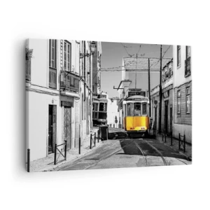 Impression sur toile - Image sur toile - Un tramway jaune dans les rues de Lisbonne dans un décor monochrome - 70x50cm - L'âme de Lisbonne - Décoration murale moderne pour le salon et la chambre ARTTOR