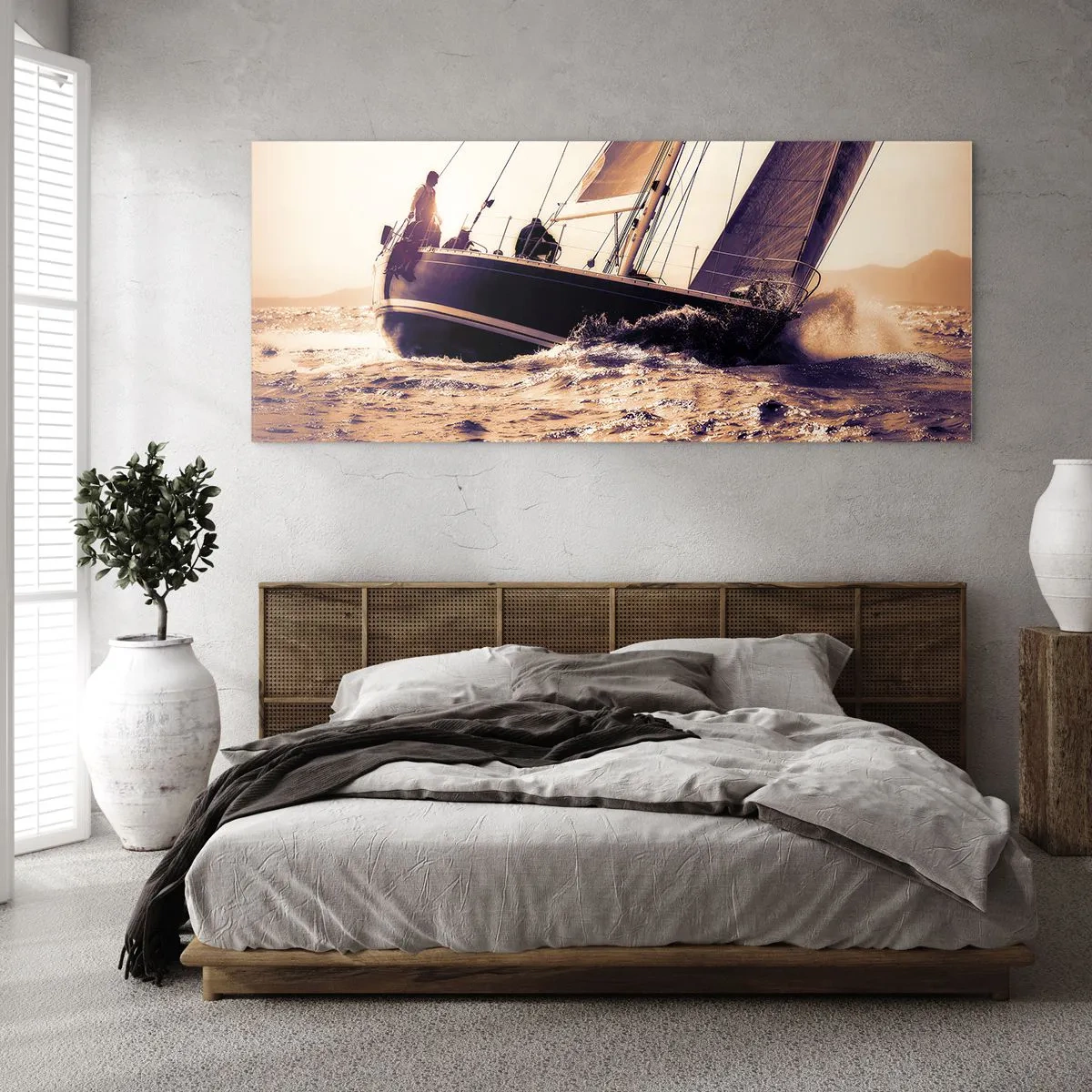 Impression sur verre - Image sur verre - Un yacht sur une mer agitée à la lumière du soleil couchant - 120x50cm - Navigue, marin - Décoration murale moderne pour le salon et la chambre ARTTOR