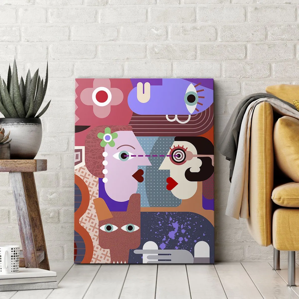 Impression sur toile - Image sur toile - Figures abstraites aux couleurs vives - 50x70cm - Les yeux dans les yeux - Décoration murale moderne pour le salon et la chambre ARTTOR