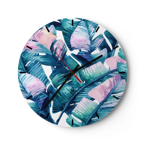 Horloge murale - Pendule murale - Feuilles tropicales dans les tons de vert et de rose - 30x30cm - Dans une bananeraie - Décoration murale moderne pour le salon, la cuisine et la chambre ARTTOR