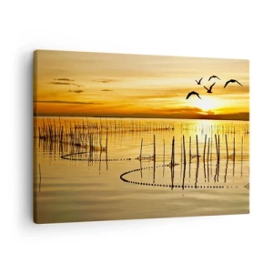 Impression sur toile - Image sur toile - Coucher de soleil sur l'eau avec des oiseaux en vol - 70x50cm - À la pêche - Décoration murale moderne pour le salon et la chambre ARTTOR