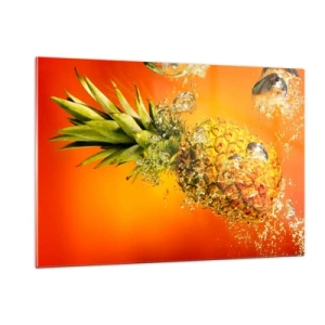 Impression sur verre - Image sur verre - Ananas immergé dans l'eau sur un fond d'orange intense - 120x80cm - Fraîcheur juteuse tropicale - Décoration murale moderne pour le salon et la chambre ARTTOR