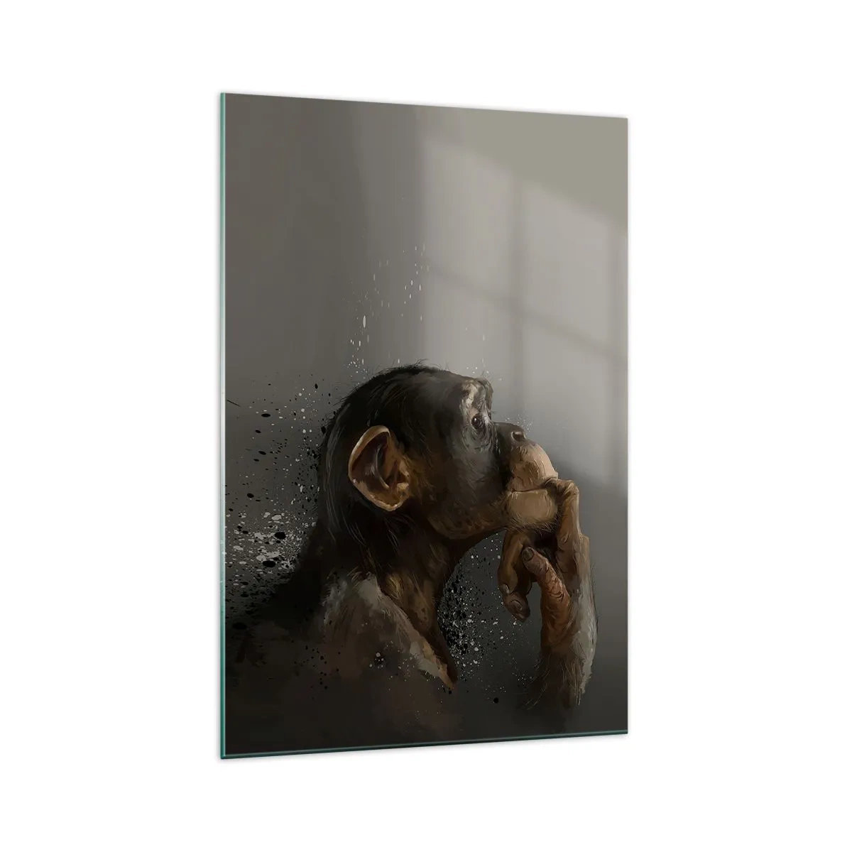 Impression sur verre - Image sur verre - Portrait d'un singe dans une pose réfléchissante sur fond gris - 70x100cm - Certainement un penseur - Décoration murale moderne pour le salon et la chambre ARTTOR