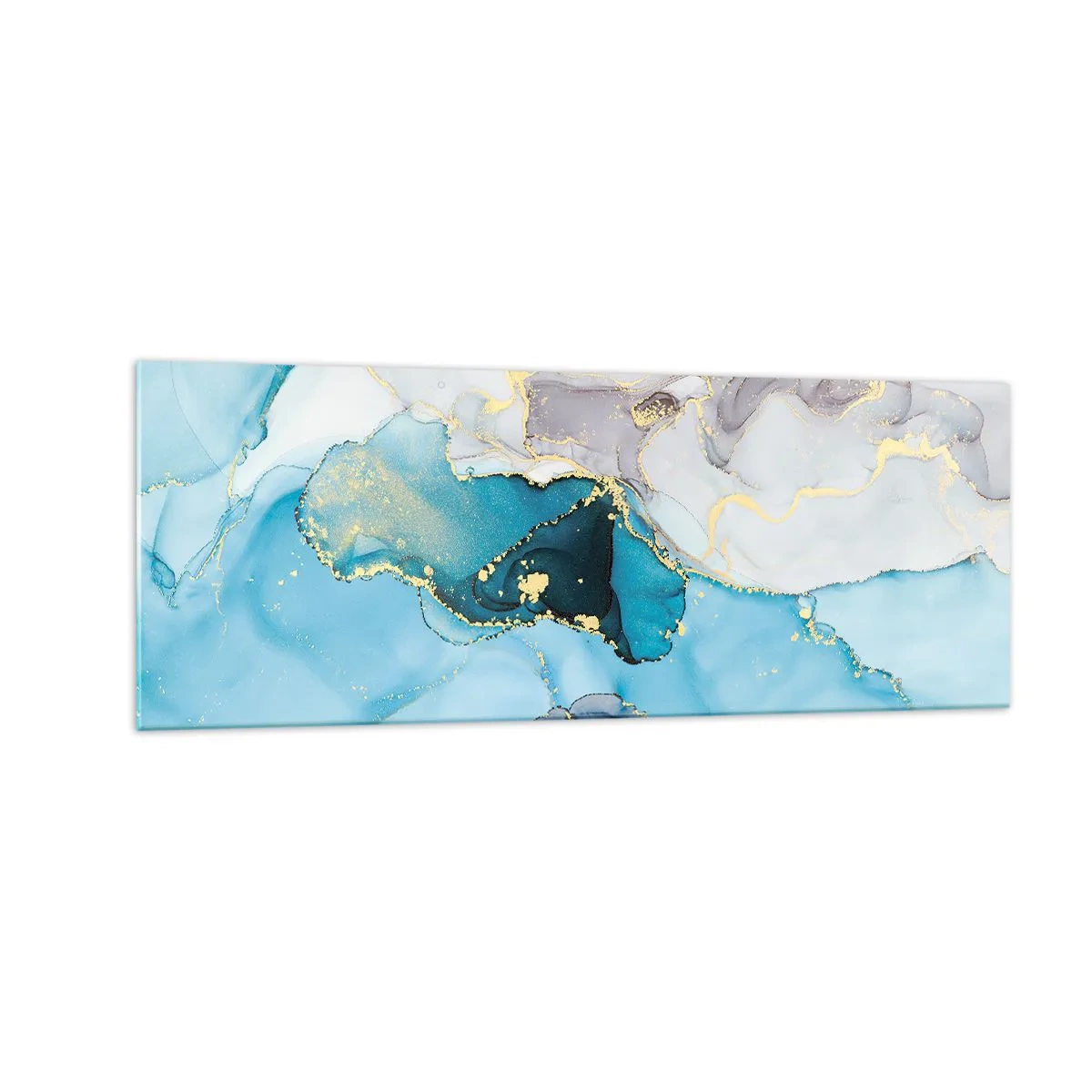 Impression sur verre - Image sur verre - Abstraction dans les tons de bleu et d'or avec des lignes subtiles - 140x50cm - Etude de la rencontre gris et turquoise - Décoration murale moderne pour le salon et la chambre ARTTOR