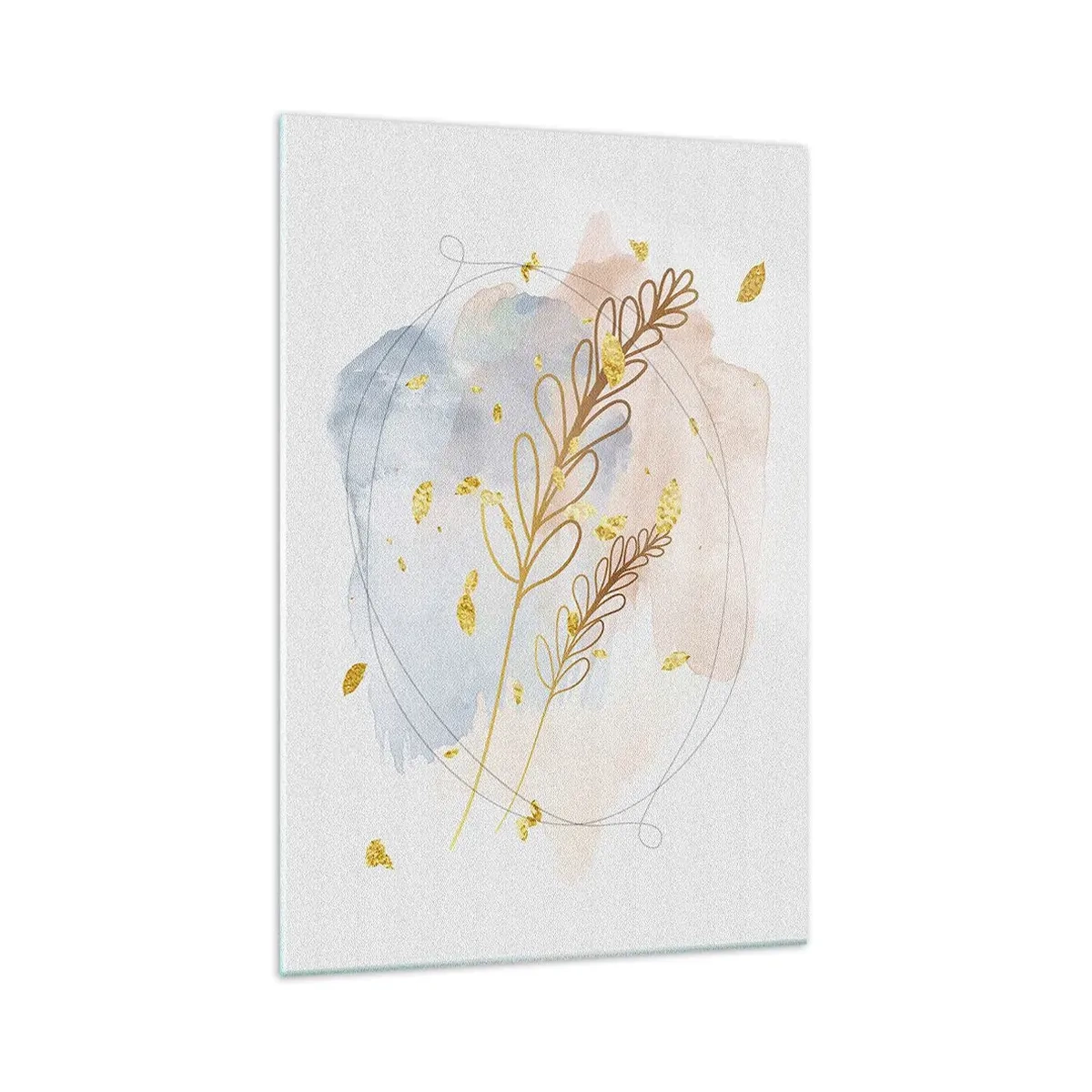 Impression sur verre - Image sur verre - Un délicat motif de feuille dorée sur un fond pastel avec des détails aquarelles. - 70x100cm - Explosion d'or - Décoration murale moderne pour le salon et la chambre ARTTOR