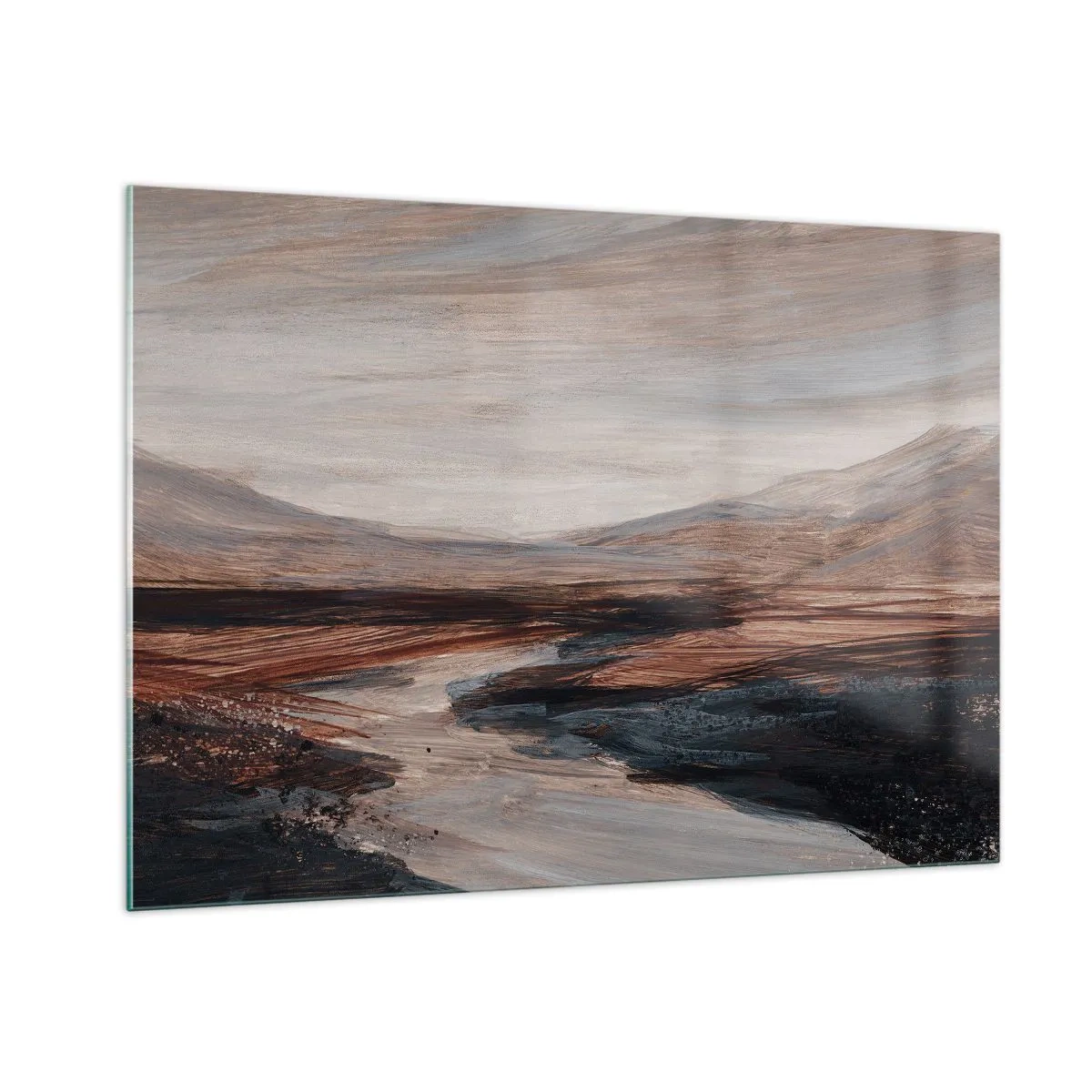 Impression sur verre - Image sur verre - Une vallée pittoresque avec une rivière aux tons bruns et bleus - 100x70cm - Une vallée tranquille - Décoration murale moderne pour le salon et la chambre ARTTOR