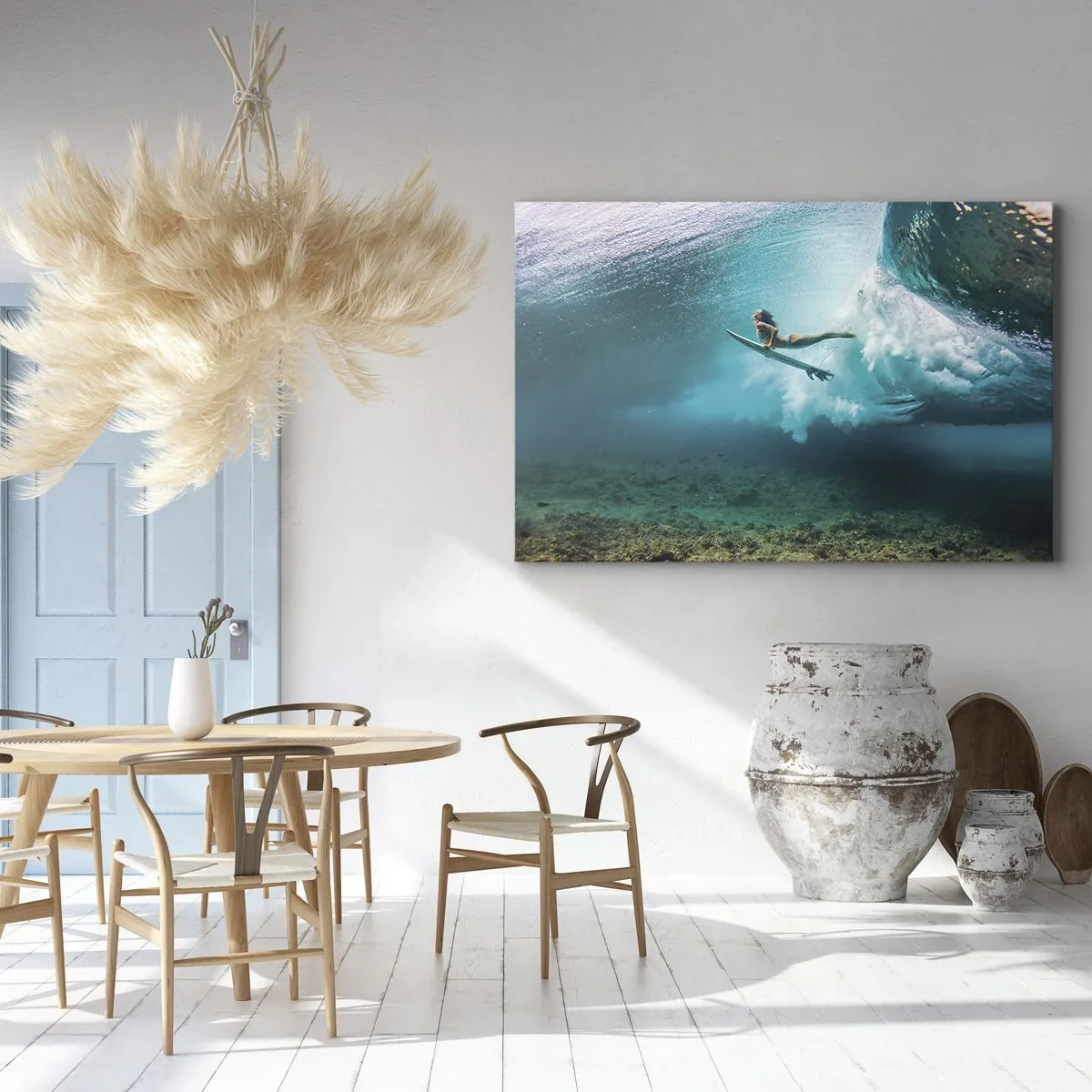 Impression sur toile - Image sur toile - Surfeur sous une vague dans l'eau bleue de l'océan - 100x70cm - Monde sous marin - Décoration murale moderne pour le salon et la chambre ARTTOR