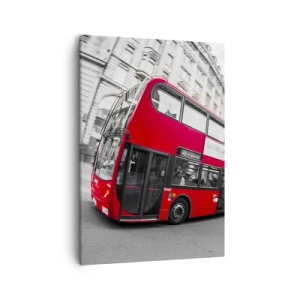 Impression sur toile - Image sur toile - Un bus londonien rouge sur fond de rue noire et blanche - 50x70cm - Londres traditionnellement - en bus - Décoration murale moderne pour le salon et la chambre ARTTOR