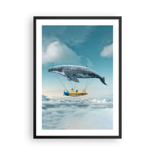 Affiche dans un cadre noir - Poster - Une image fantastique d'une baleine soulevant un avion au-dessus des nuages. - 50x70cm - Pourquoi pas? - Décoration murale moderne pour le salon et la chambre ARTTOR