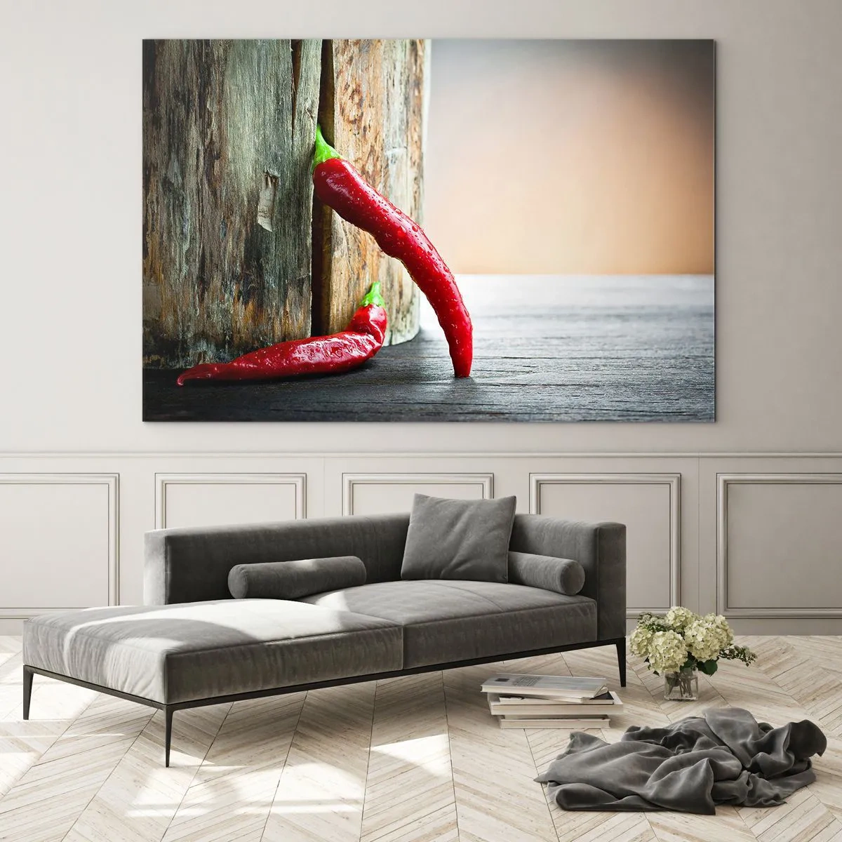 Impression sur verre - Image sur verre - Piments rouges sur fond de bois - 70x50cm - Red hot chili peppers - Décoration murale moderne pour le salon et la chambre ARTTOR
