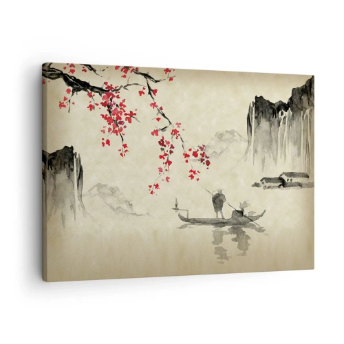 Impression sur toile - Image sur toile - Illustration orientale avec un bateau et une branche fleurie - 70x50cm - Au pays des cerisiers en fleurs - Décoration murale moderne pour le salon et la chambre ARTTOR