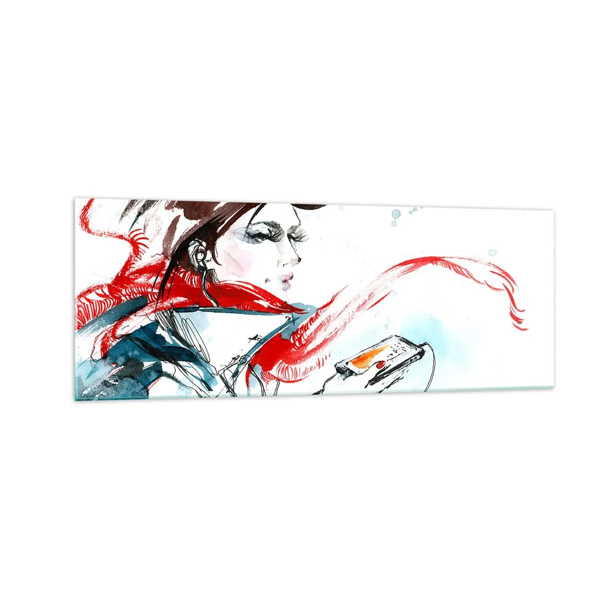 Impression sur verre - Image sur verre - Une femme portant un foulard rouge avec des traits d'aquarelle dynamiques - 140x50cm - Quelque chose se passe en moi - Décoration murale moderne pour le salon et la chambre ARTTOR