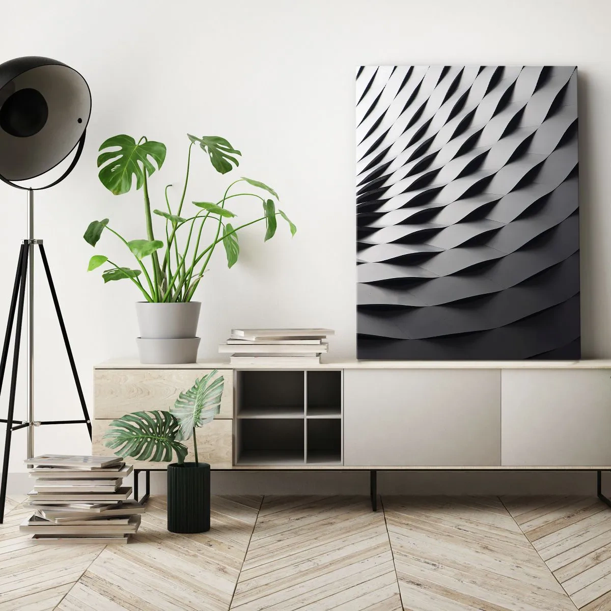 Impression sur toile - Image sur toile - Motif géométrique abstrait dans des tons de noir et blanc - 50x70cm - A la surface des vagues - Décoration murale moderne pour le salon et la chambre ARTTOR