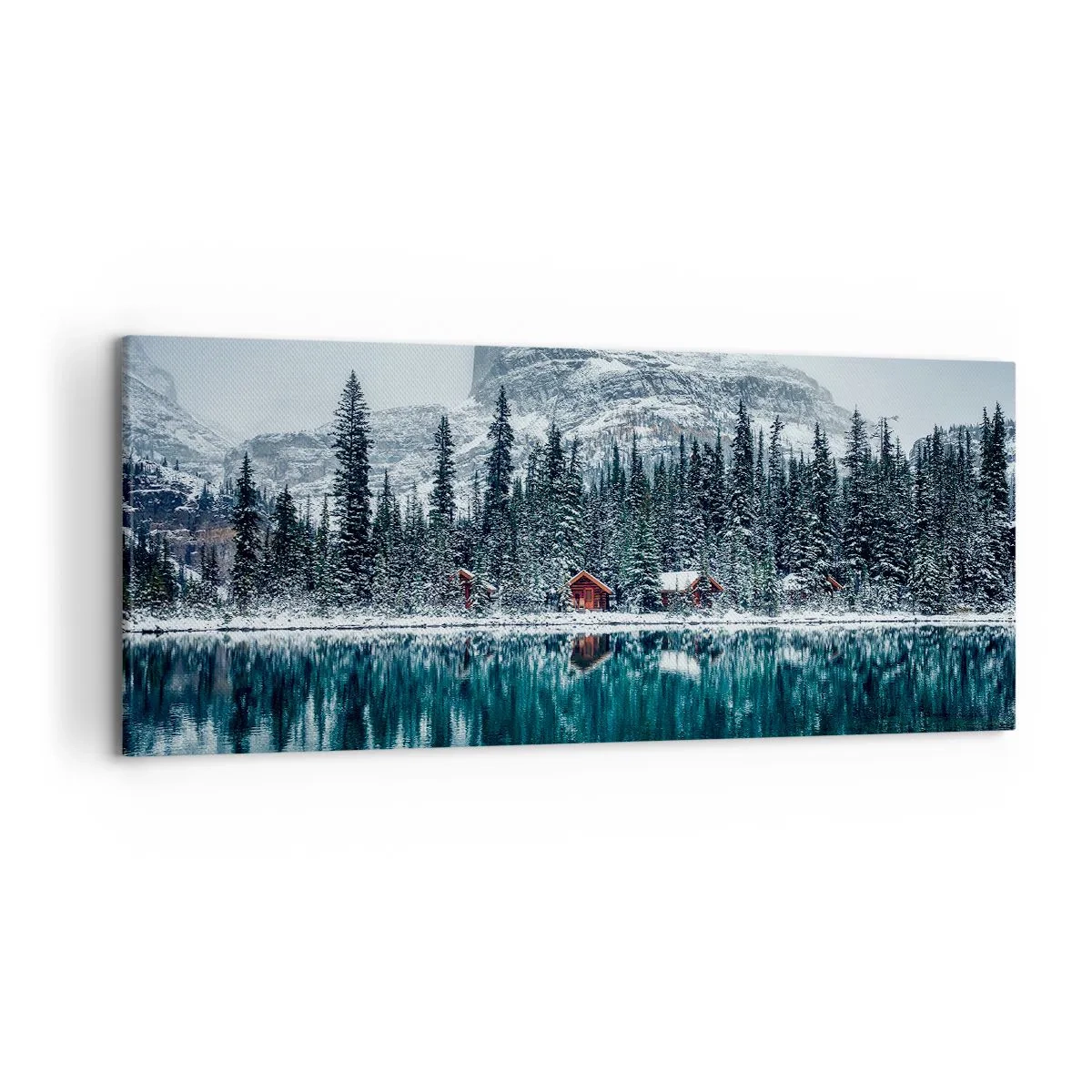 Impression sur toile - Image sur toile - Paysage d'hiver avec des chalets dans la forêt au bord d'un lac gelé - 120x50cm - Retraite canadienne - Décoration murale moderne pour le salon et la chambre ARTTOR