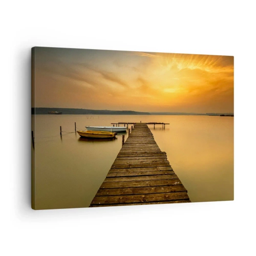Impression sur toile - Image sur toile - Jetée en bois et bateaux sur le lac au coucher du soleil - 70x50cm - Je t'ouvrirai le ciel d'or - Décoration murale moderne pour le salon et la chambre ARTTOR