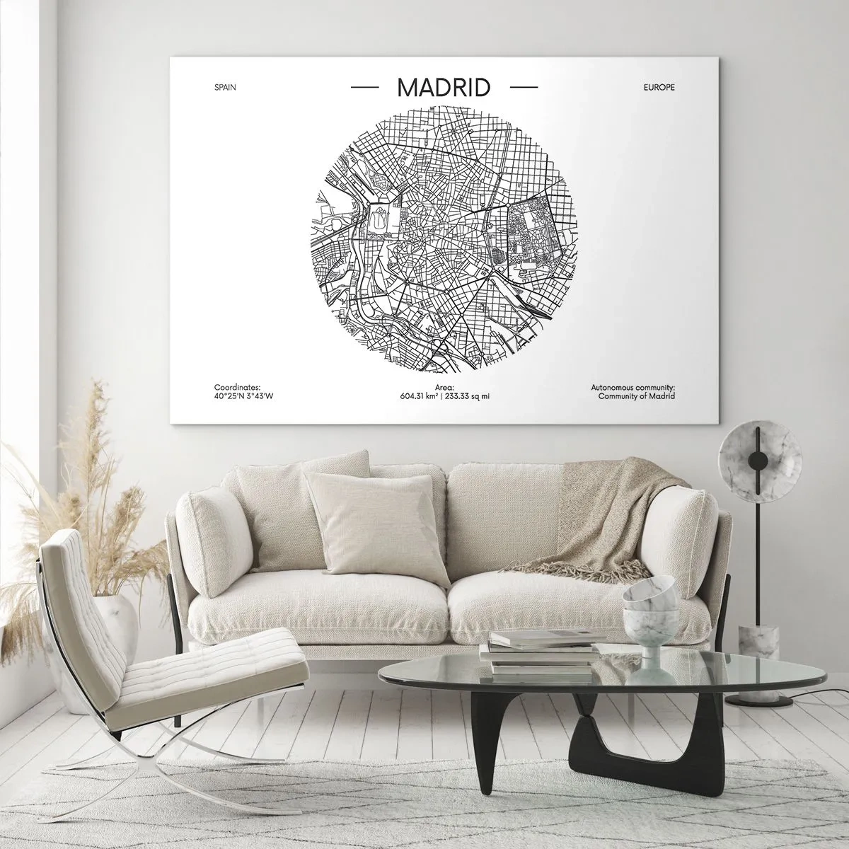 Impression sur verre - Image sur verre - Une carte minimaliste en noir et blanc de Madrid sous forme circulaire. - 100x70cm - Anatomie de Madrid - Décoration murale moderne pour le salon et la chambre ARTTOR