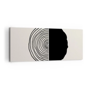 Impression sur toile - Image sur toile - Un motif abstrait en noir et blanc inspiré d'une coupe transversale de bois avec une division géométrique. - 120x50cm - Moitié-moitié - Décoration murale moderne pour le salon et la chambre ARTTOR