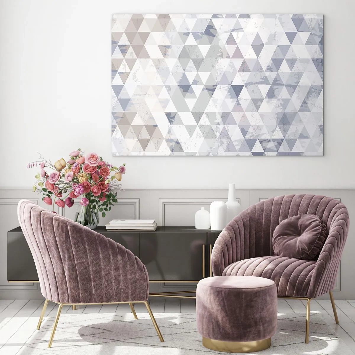 Impression sur verre - Image sur verre - Motif géométrique triangulaire dans des tons neutres de gris et de beige - 70x50cm - En rythme de trois - Décoration murale moderne pour le salon et la chambre ARTTOR