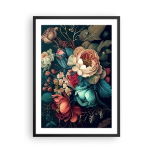 Affiche dans un cadre noir - Poster - Un bouquet de fleurs de style baroque sur fond sombre - 50x70cm - le charme du 19ème siècle - Décoration murale moderne pour le salon et la chambre ARTTOR