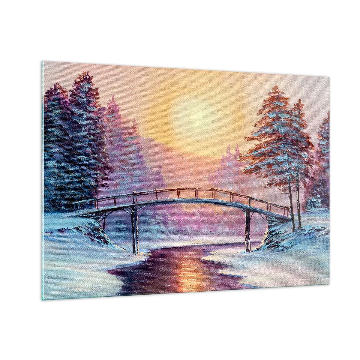 Impression sur verre - Image sur verre - Paysage d'hiver avec un pont sur une rivière au coucher du soleil - 100x70cm - Quatre saisons - hiver - Décoration murale moderne pour le salon et la chambre ARTTOR