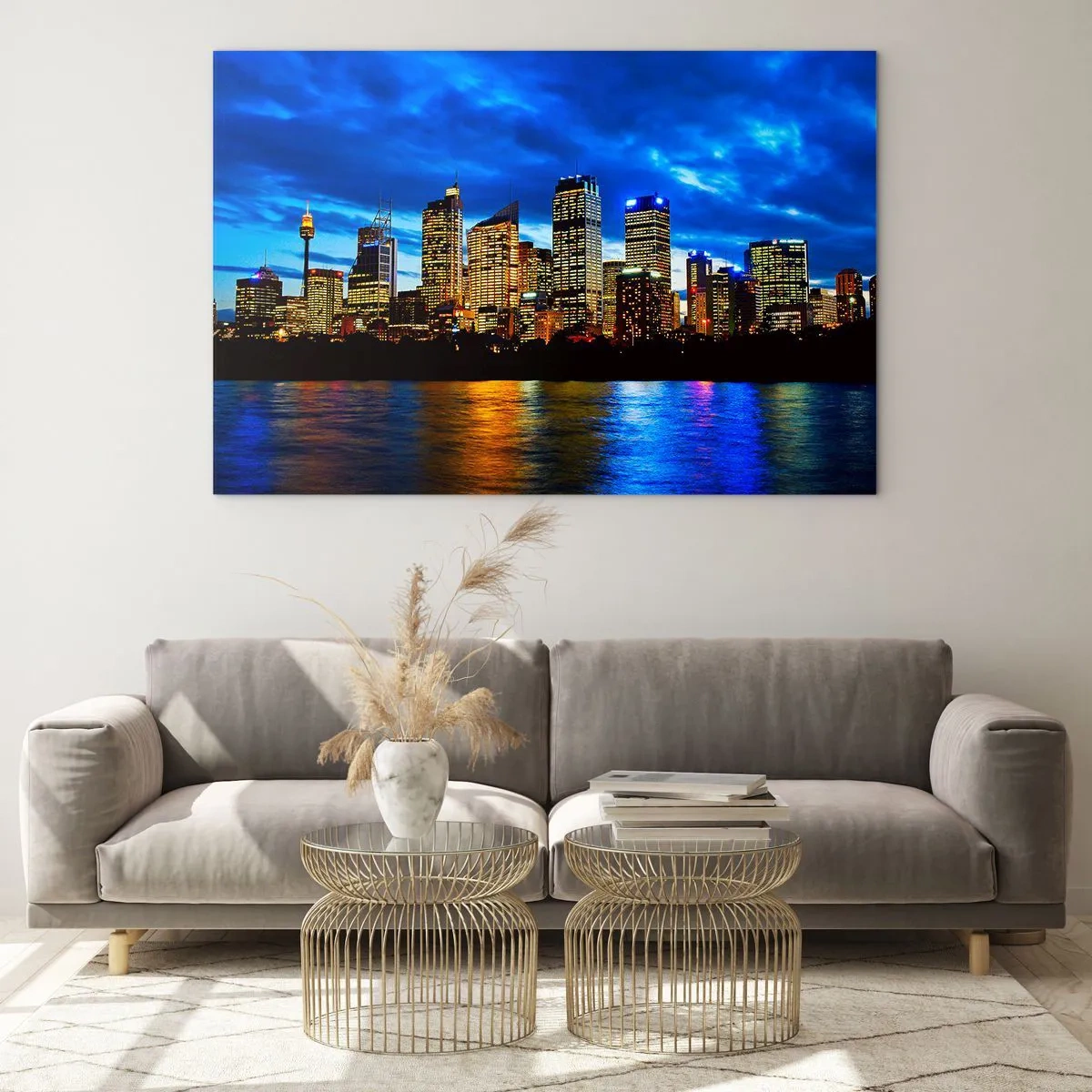 Impression sur verre - Image sur verre - Panorama de la ville nocturne reflétée dans l'eau - 120x80cm - Une nuit de lumières et de couleurs - Décoration murale moderne pour le salon et la chambre ARTTOR