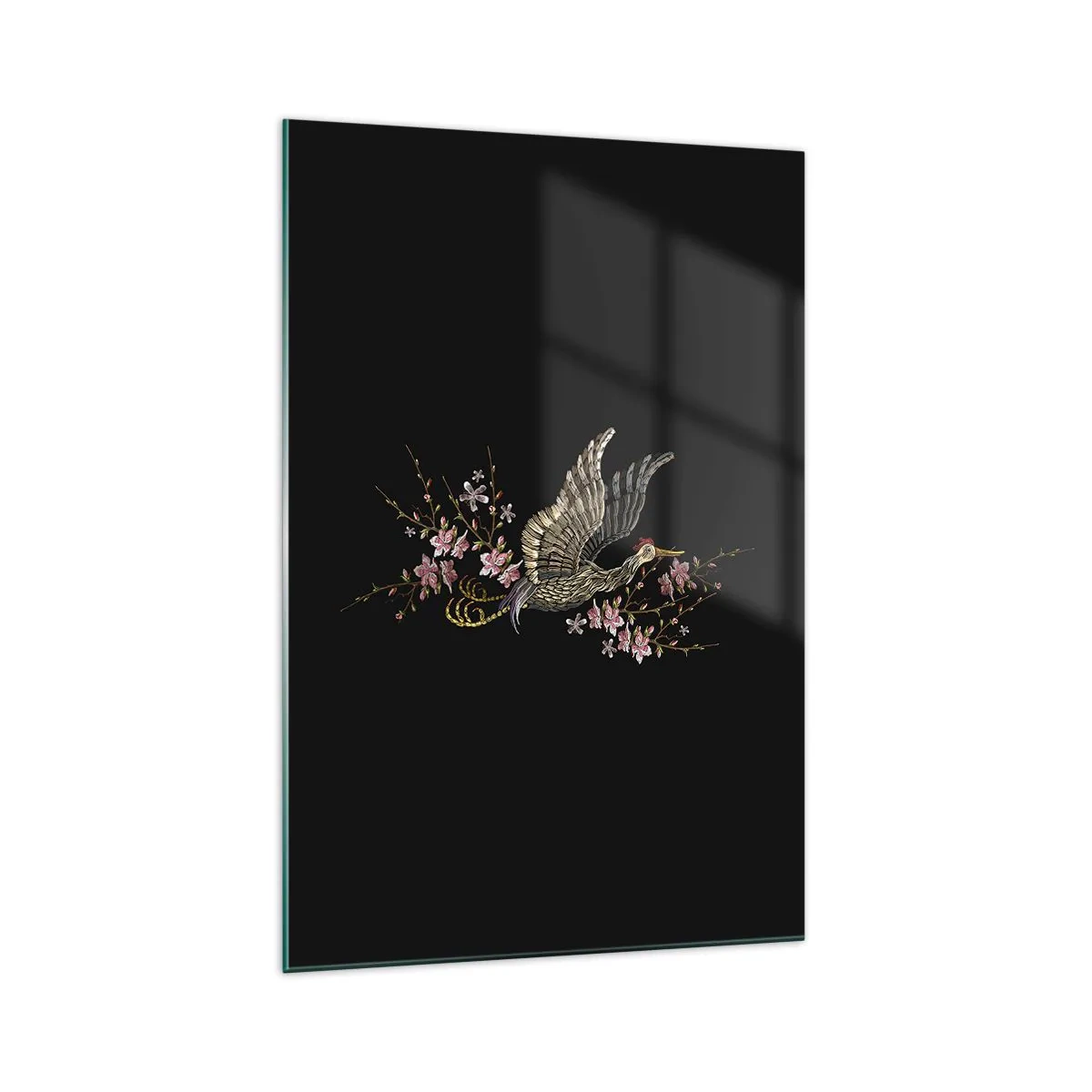 Impression sur verre - Image sur verre - Un oiseau en vol avec des fleurs sur fond noir - 70x100cm - Oiseau brodé exotique - Décoration murale moderne pour le salon et la chambre ARTTOR