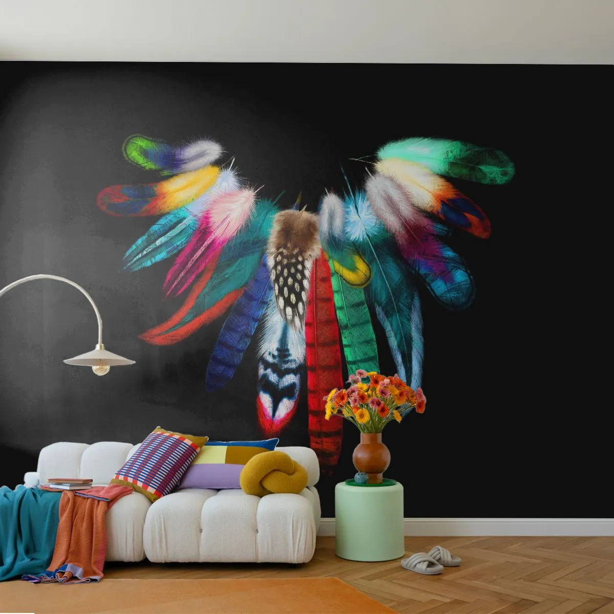 Papier Peint Photo Premium Canvas - Collier indien - Plume d'oiseau, Bohème, Graphique - 300x210 cm