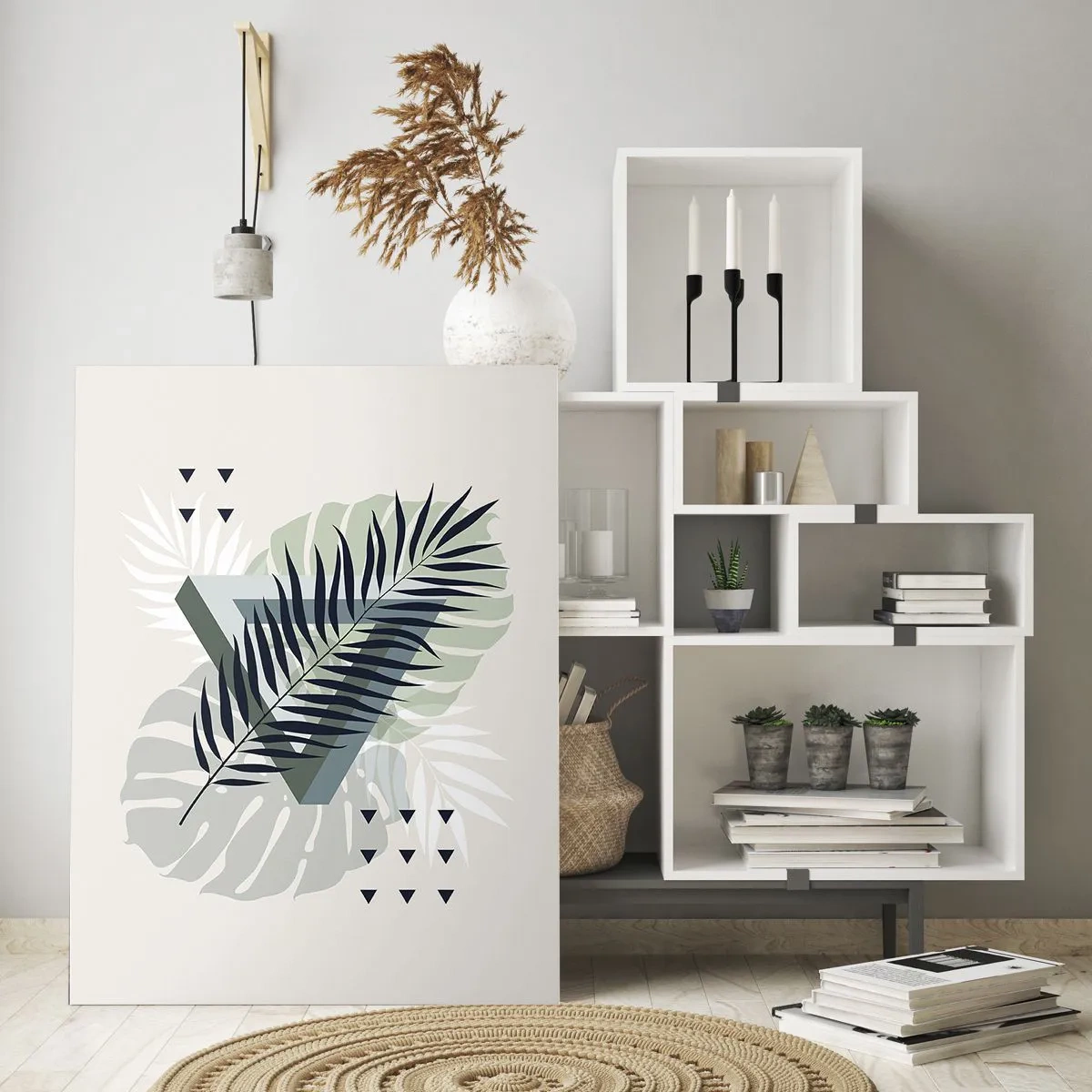Impression sur verre - Image sur verre - Une composition de feuilles géométriques modernes - 50x70cm - Nature et géométrie - deux odres? - Décoration murale moderne pour le salon et la chambre ARTTOR