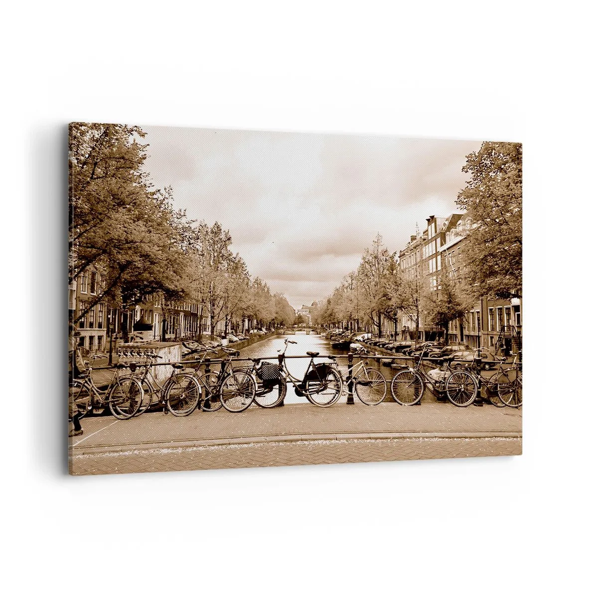 Impression sur toile - Image sur toile - Pont cyclable sur le canal en sépia - 100x70cm - Ambiance hollandaise - Décoration murale moderne pour le salon et la chambre ARTTOR