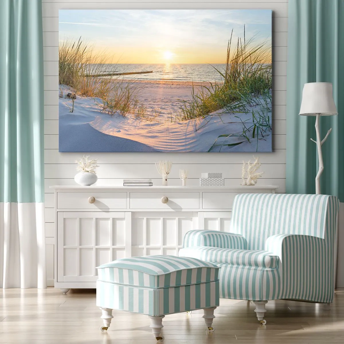 Impression sur toile - Image sur toile - Une plage de sable avec vue sur le coucher de soleil sur la mer - 120x80cm - Le bruit de la mer, le chant des oiseaux, une plage sauvage parmi les herbes… - Décoration murale moderne pour le salon et la chambre ART