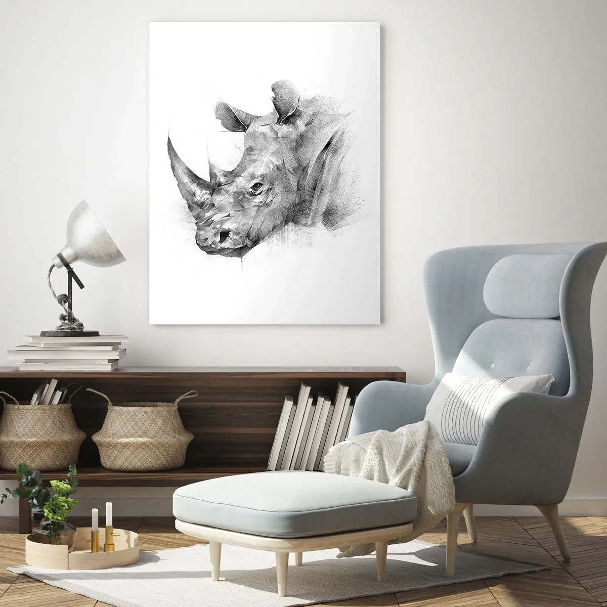 Impression sur verre - Image sur verre - Portrait artistique d'un rhinocéros en noir et blanc - 80x120cm - Potrait africain - Décoration murale moderne pour le salon et la chambre ARTTOR