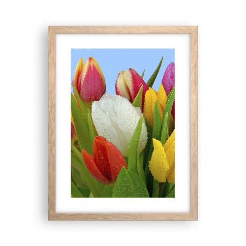 Affiche dans un chêne clair - Poster - Un arc-en-ciel fleuri en gouttes de rosée - 30x40 cm