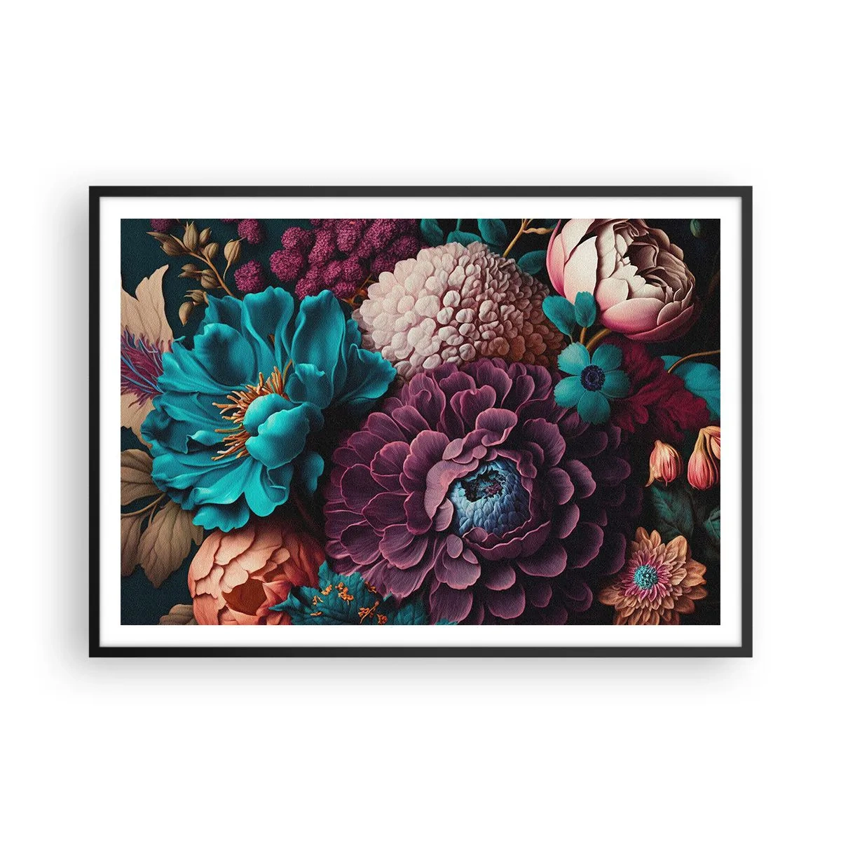 Affiche dans un cadre noir - Poster - Un bouquet de fleurs aux couleurs intenses sur fond sombre - 100x70cm - La nature en abondance - Décoration murale moderne pour le salon et la chambre ARTTOR