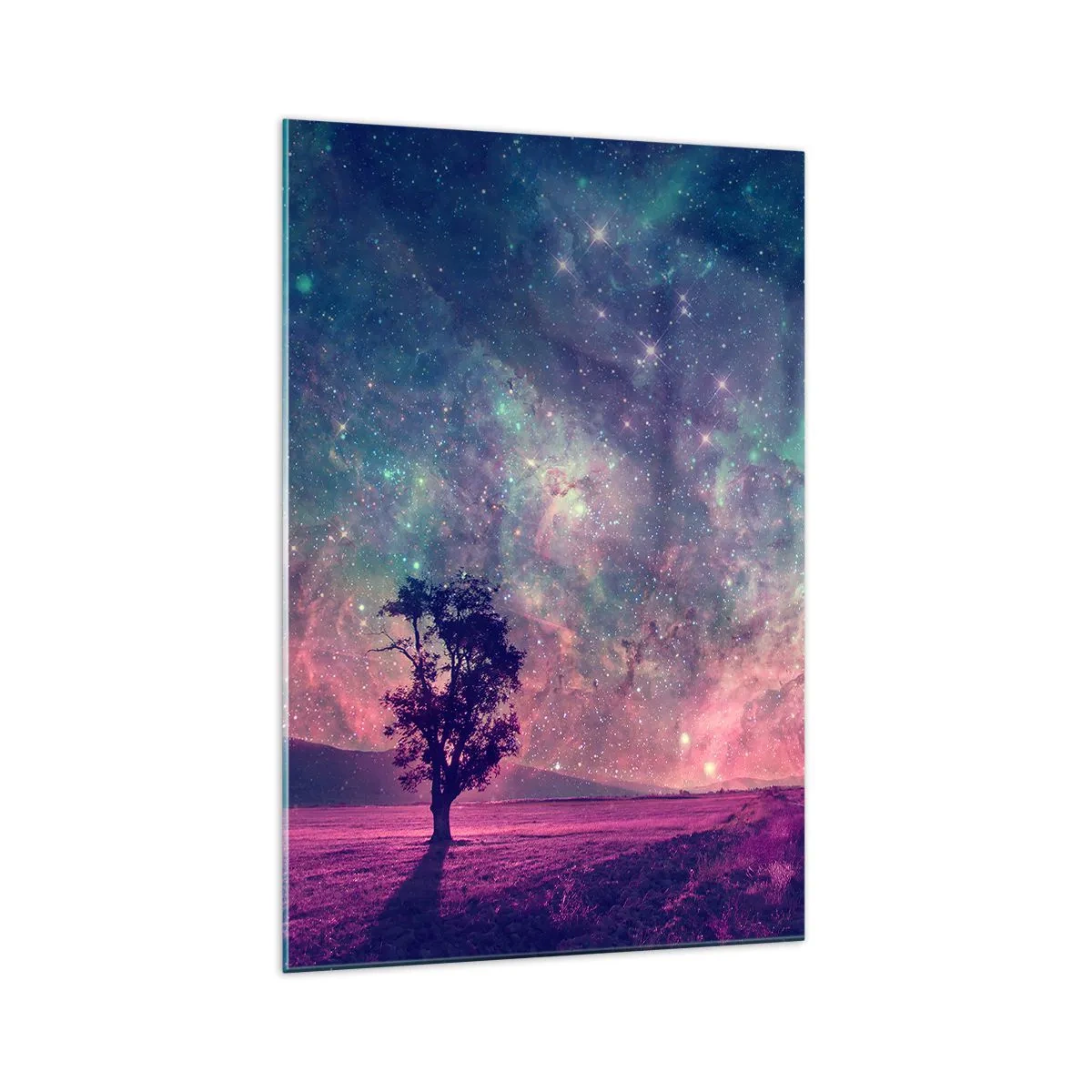 Impression sur verre - Image sur verre - Un arbre contre un ciel étoilé aux couleurs violettes et bleues - 70x100cm - Sous un ciel magique - Décoration murale moderne pour le salon et la chambre ARTTOR