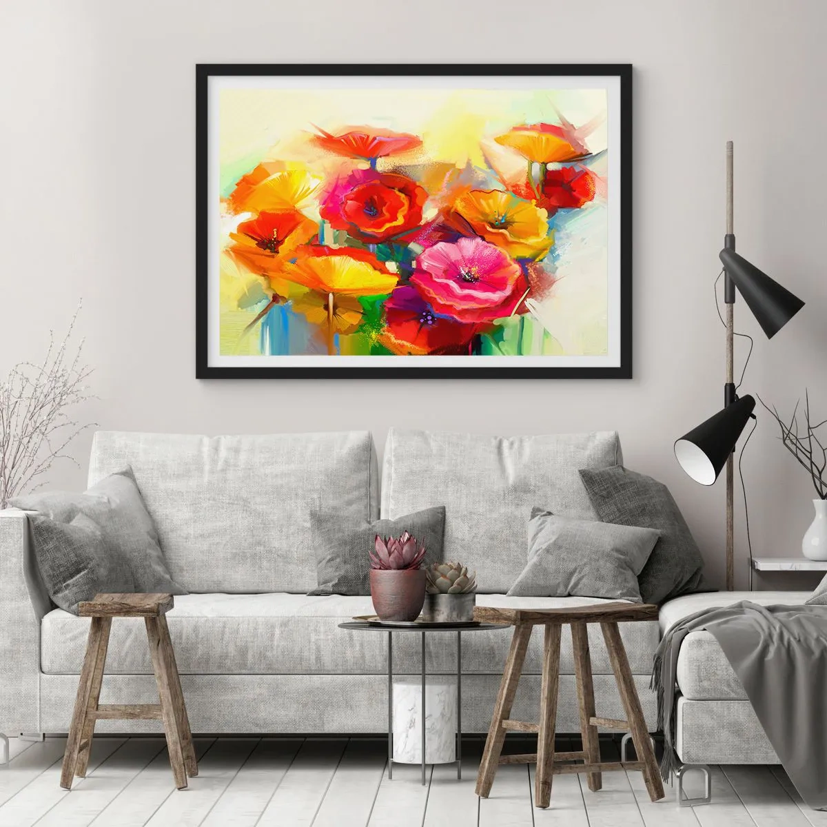 Affiche dans un cadre noir - Poster - Fleurs abstraites colorées sur fond clair - 100x70cm - Pas seulement rouge - Décoration murale moderne pour le salon et la chambre ARTTOR