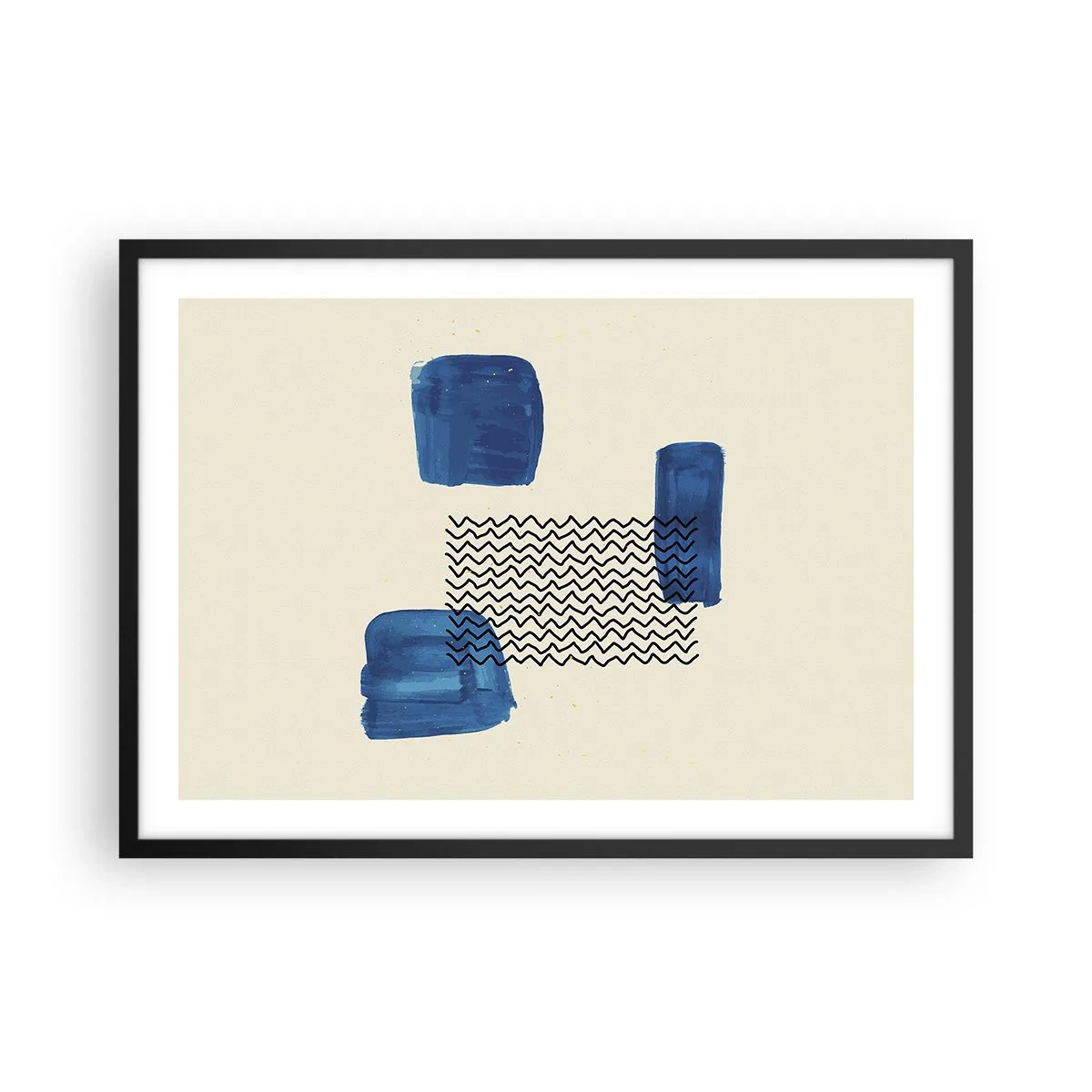 Affiche dans un cadre noir - Poster - Composition abstraite avec des taches bleues et des lignes ondulées - 70x50cm - Quatuor abstrait - Décoration murale moderne pour le salon et la chambre ARTTOR