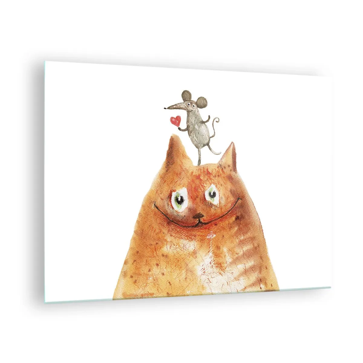 Impression sur verre - Image sur verre - Un chat avec une souris sur la tête dans un style humoristique - 70x50cm - Amour paradoxal - Décoration murale moderne pour le salon et la chambre ARTTOR