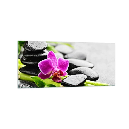 Impression sur verre - Image sur verre - Orchidée violette, pierres noires et bambou dans une composition tranquille - 120x50cm - Dans un équilibre de calme - Décoration murale moderne pour le salon et la chambre ARTTOR