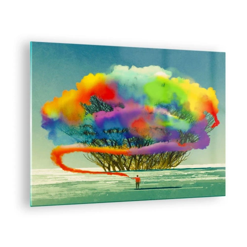 Impression sur verre - Image sur verre - Une explosion de fumée colorée sur fond d'arbre solitaire. - 70x50cm - Donner vie à ce monde - Décoration murale moderne pour le salon et la chambre ARTTOR