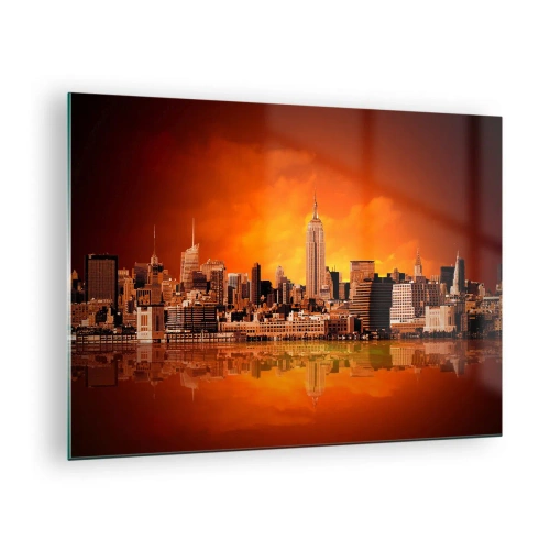 Impression sur verre - Image sur verre - Panorama de la ville au coucher du soleil - 70x50cm - Panorama de grande ville en jaune et bronze - Décoration murale moderne pour le salon et la chambre ARTTOR