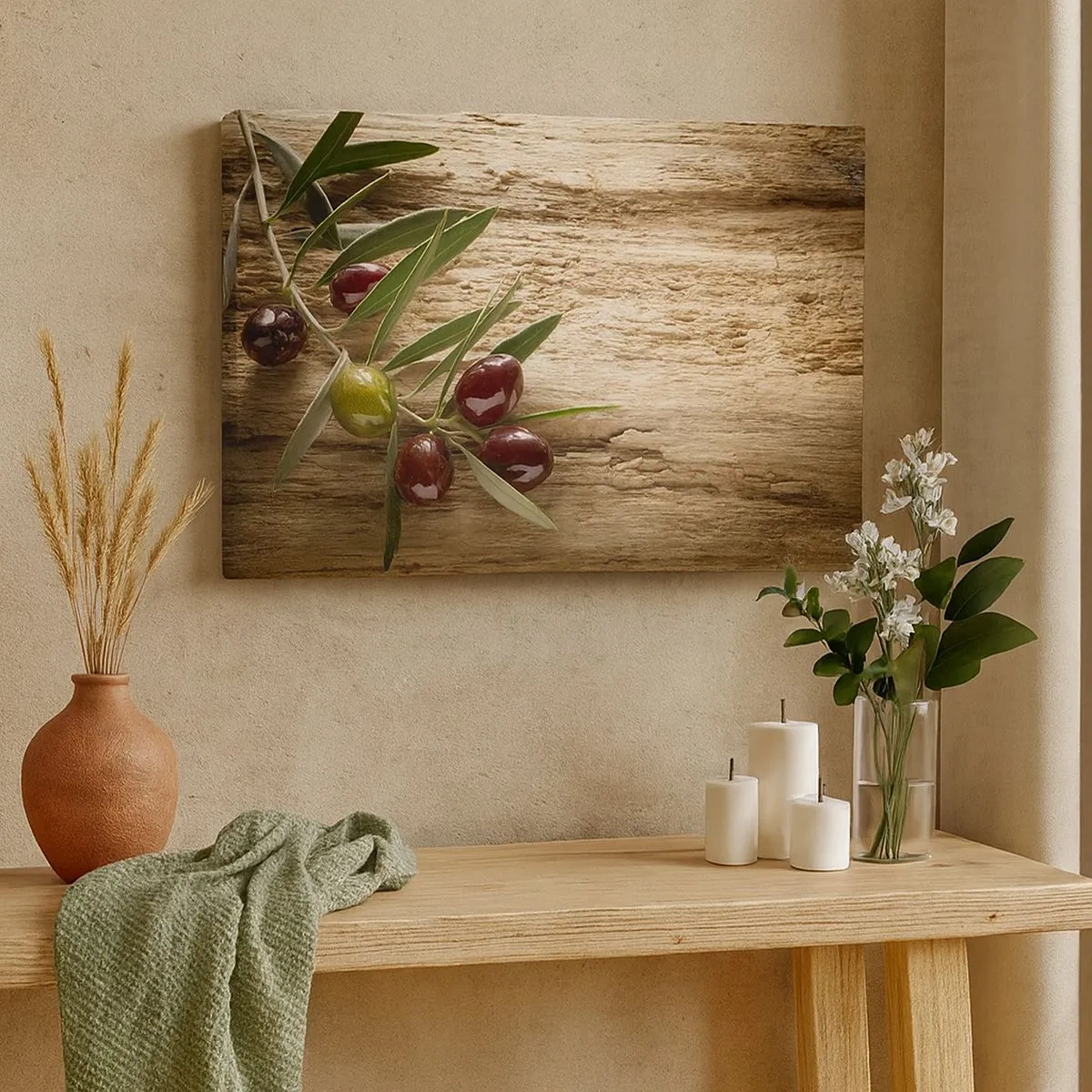 Impression sur toile - Image sur toile - Branche d'olivier avec des fruits sur un fond de bois vieilli - 70x50cm - Directement de la nature - Décoration murale moderne pour le salon et la chambre ARTTOR