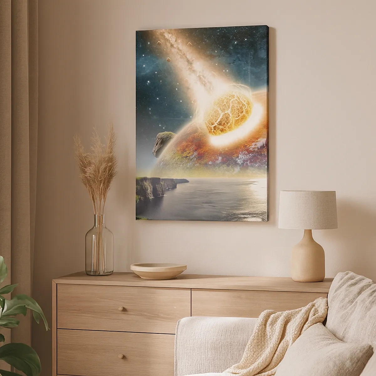 Impression sur toile - Image sur toile - Une météorite entre en collision avec une planète dans un paysage cosmique. - 50x70cm - Drame spatial - Décoration murale moderne pour le salon et la chambre ARTTOR